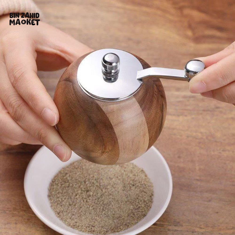 WOODEN SPHERICAL PEPPER MILL – CERAMIC GRINDING CORE LARGE CAPACITY MANUAL PEPPER GRINDER AND-CRANKED SALT & PEPPER BOTTLE