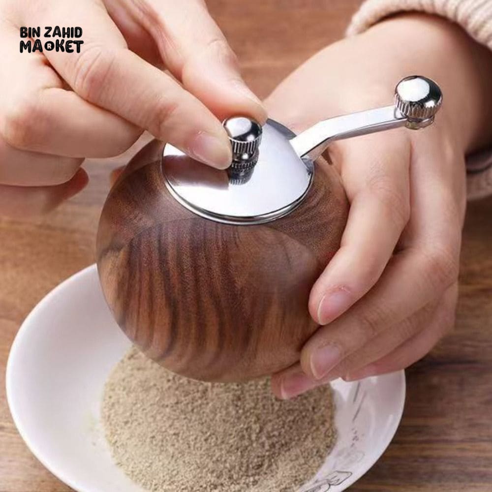 WOODEN SPHERICAL PEPPER MILL – CERAMIC GRINDING CORE LARGE CAPACITY MANUAL PEPPER GRINDER AND-CRANKED SALT & PEPPER BOTTLE