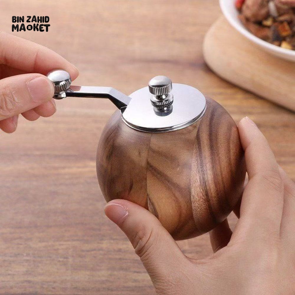 WOODEN SPHERICAL PEPPER MILL – CERAMIC GRINDING CORE LARGE CAPACITY MANUAL PEPPER GRINDER AND-CRANKED SALT & PEPPER BOTTLE
