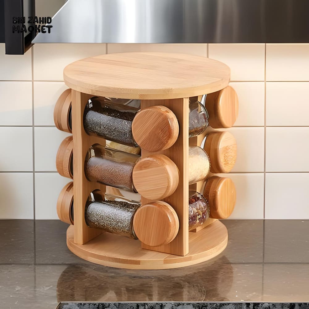 WOODEN SPICE ORGANIZER – ROTATING SPICE JAR HOLDER & STORAGE SHELF FOR KITCHEN SALTPEPPER AND SEASONING CONTAINERS