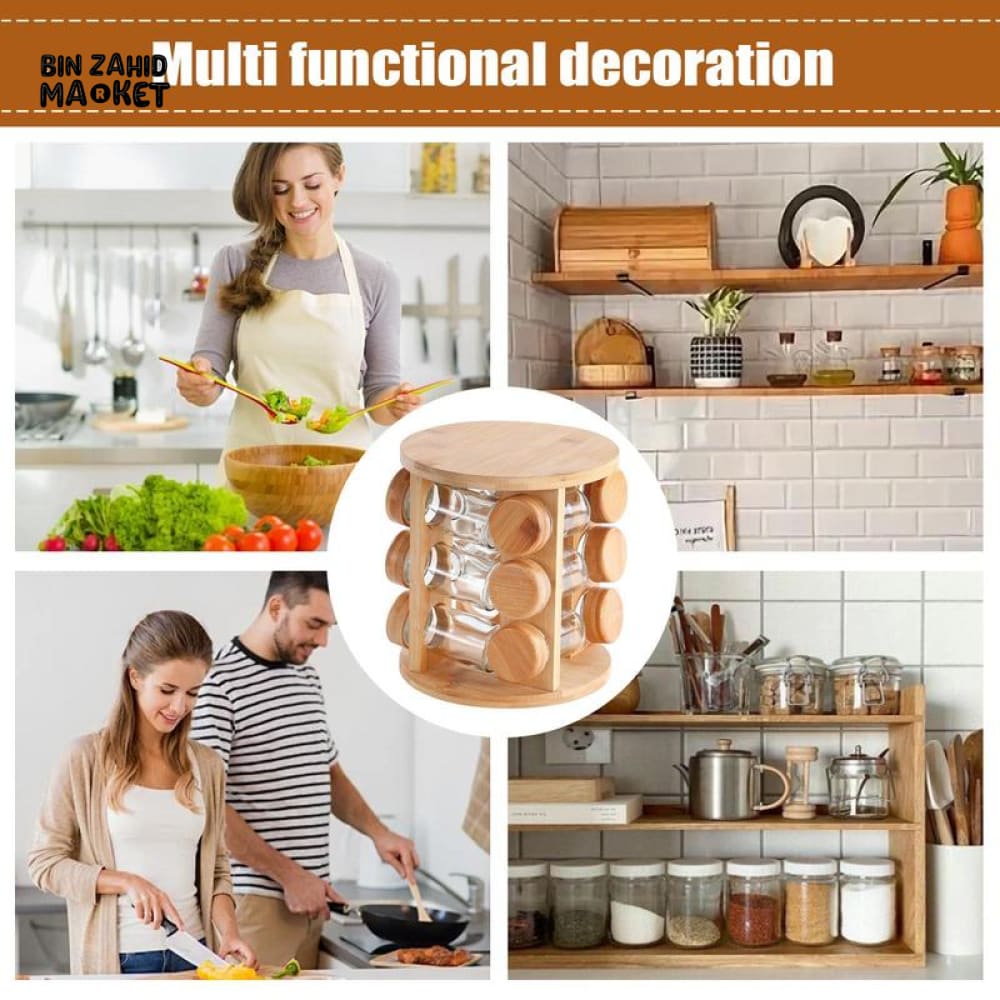 WOODEN SPICE ORGANIZER – ROTATING SPICE JAR HOLDER & STORAGE SHELF FOR KITCHEN SALTPEPPER AND SEASONING CONTAINERS
