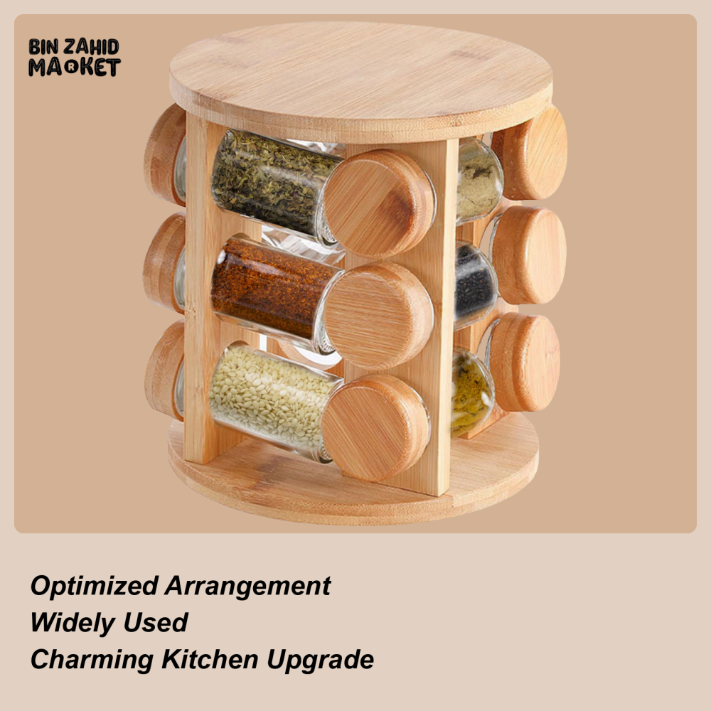 WOODEN SPICE ORGANIZER – ROTATING SPICE JAR HOLDER & STORAGE SHELF FOR KITCHEN SALTPEPPER AND SEASONING CONTAINERS