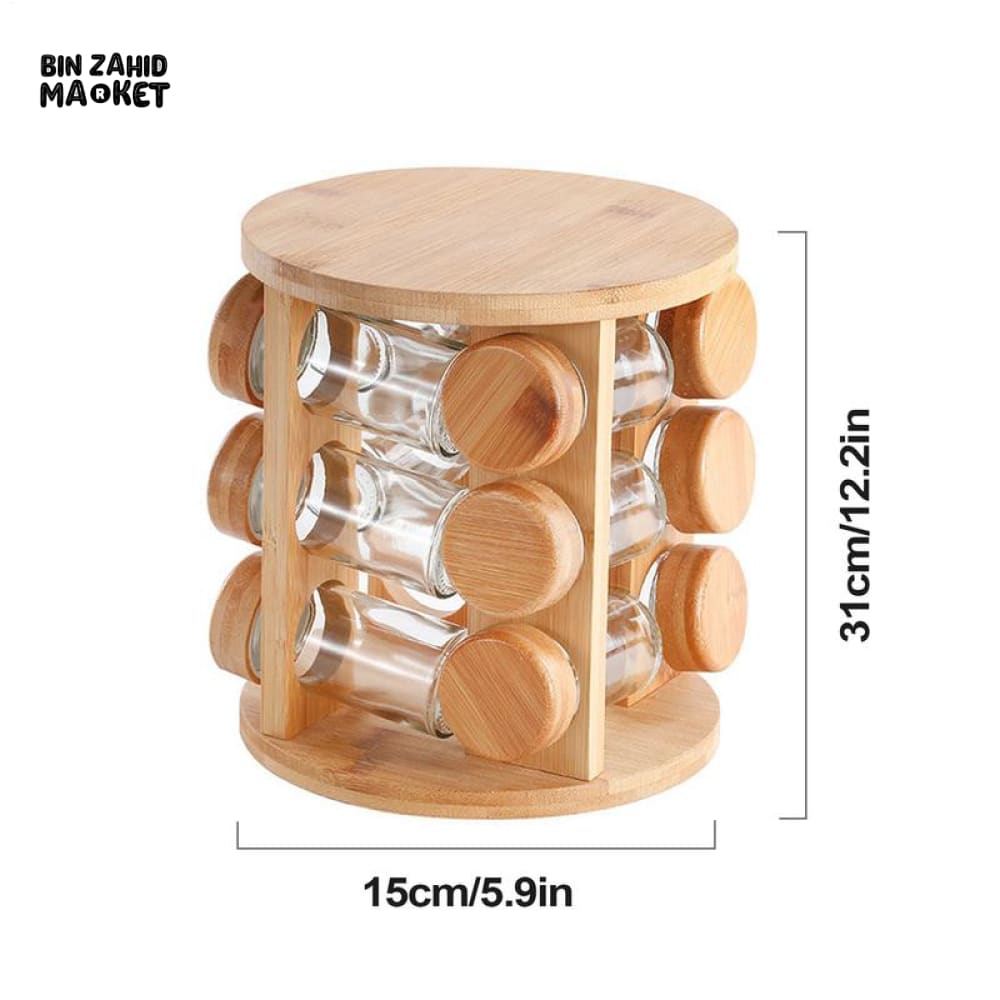 WOODEN SPICE ORGANIZER – ROTATING SPICE JAR HOLDER & STORAGE SHELF FOR KITCHEN SALTPEPPER AND SEASONING CONTAINERS