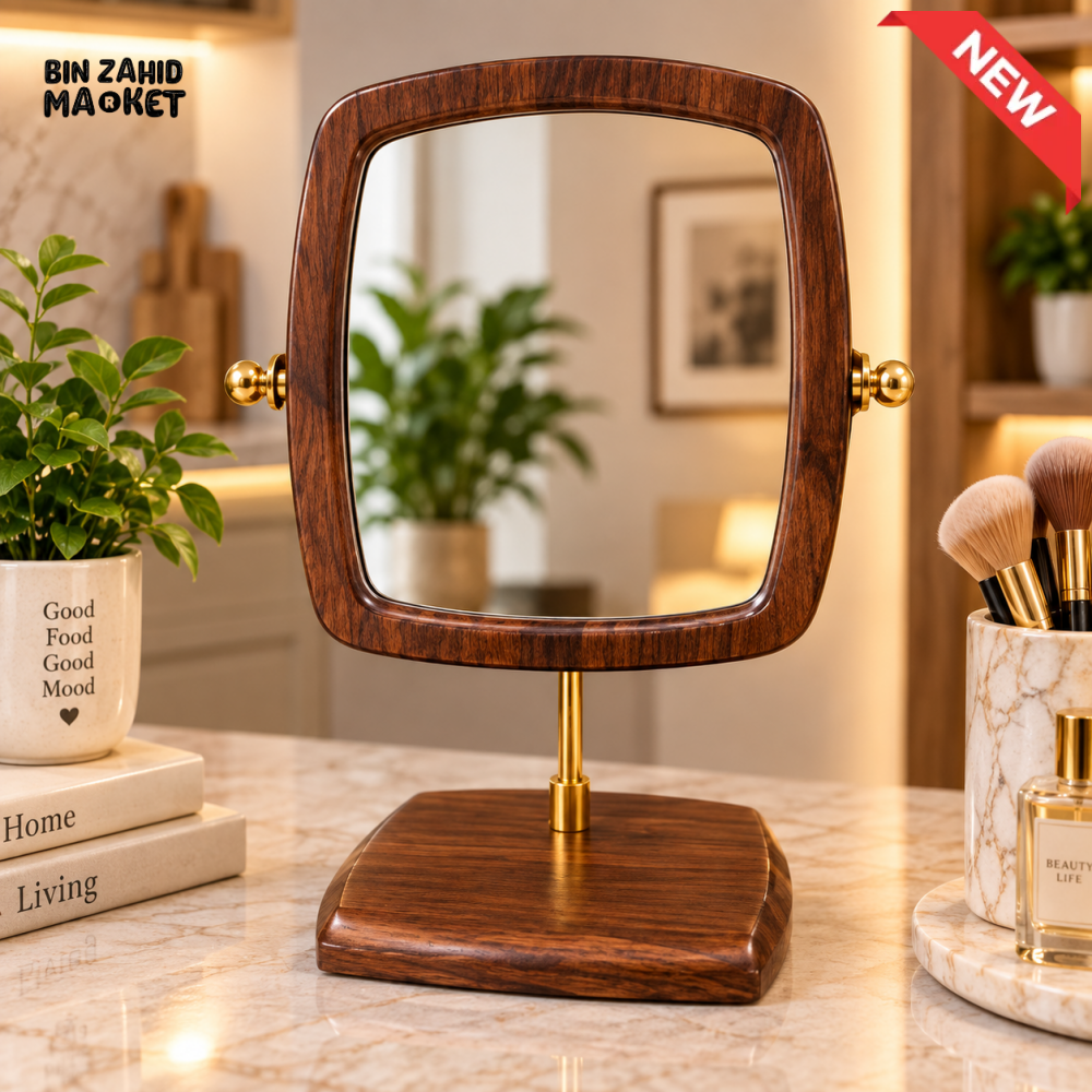 WOODEN TABLETOP VANITY MIRROR WITH GOLD STAND