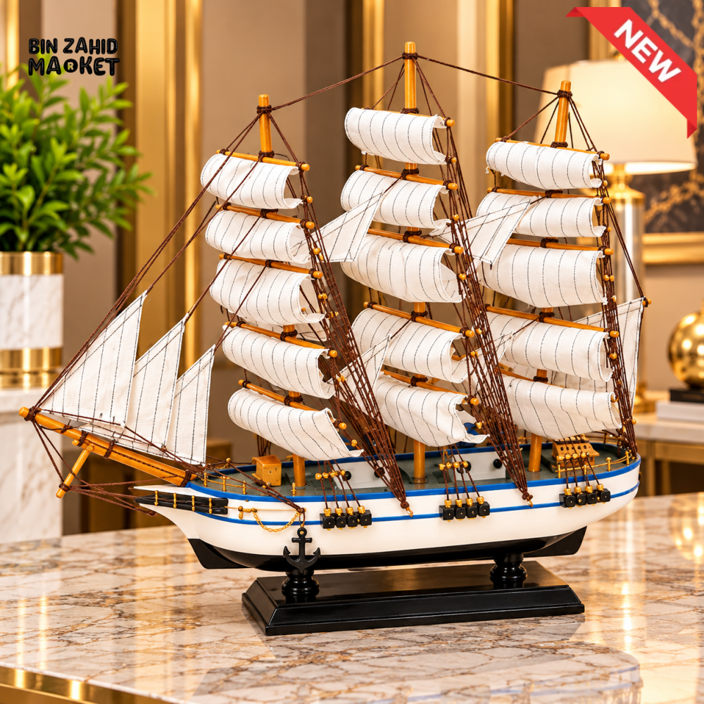 WOODEN THREE MAST SAILING SHIP DECORATIVE SHOWPIECE - 19X17 INCHES