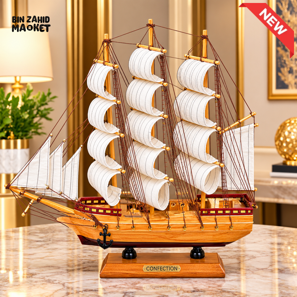 WOODEN THREE MAST SAILING SHIP DECORATIVE SHOWPIECE