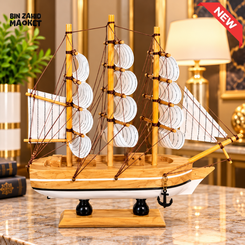 WOODEN THREE MAST SAILING SHIP DECORATIVE SHOWPIECE