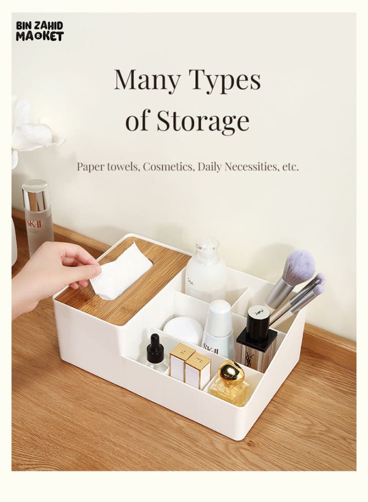 WOODEN TISSUE BOX WITH SHELVES