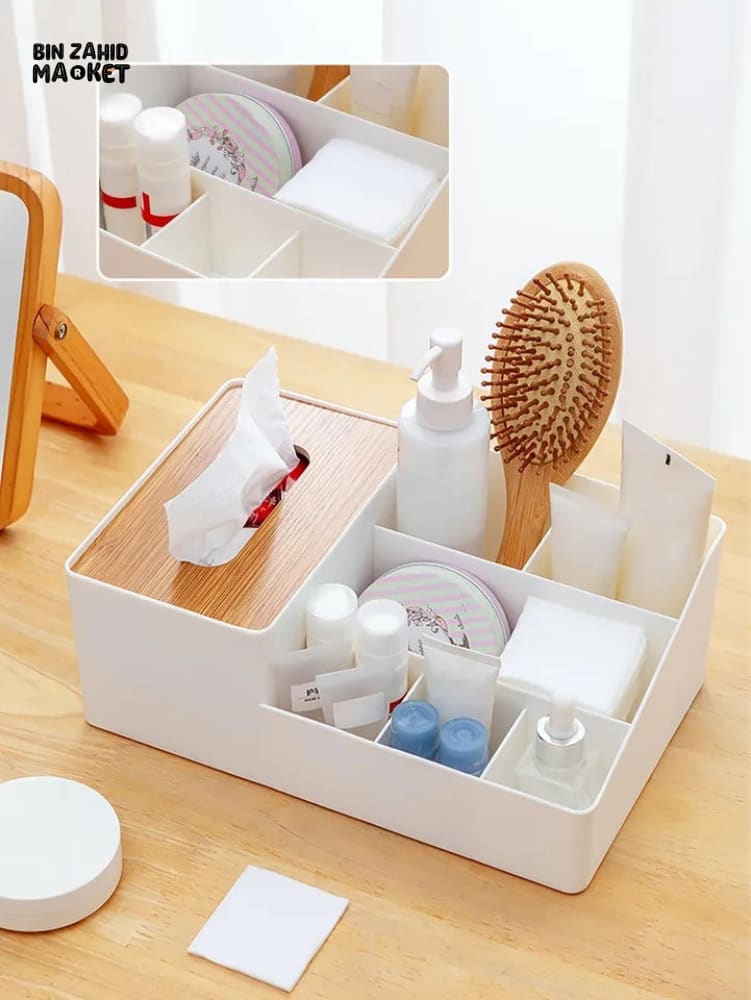 WOODEN TISSUE BOX WITH SHELVES