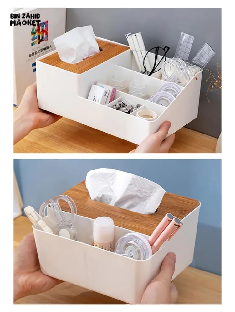 WOODEN TISSUE BOX WITH SHELVES