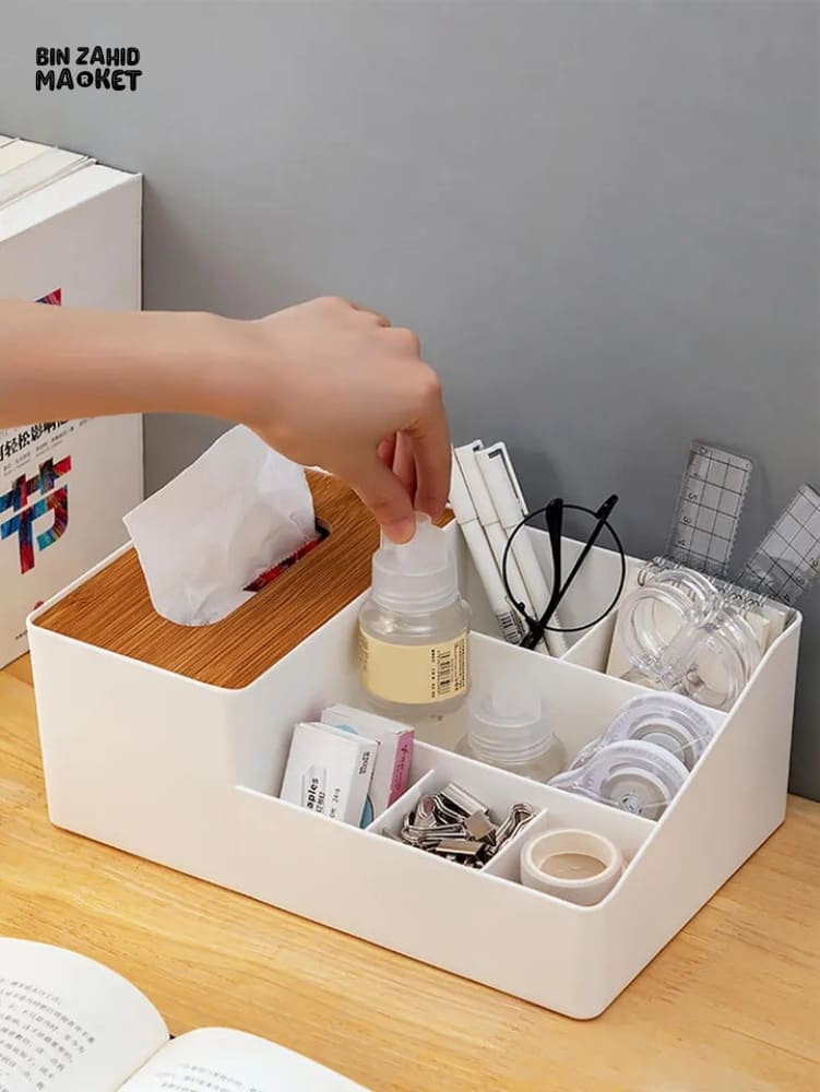 WOODEN TISSUE BOX WITH SHELVES