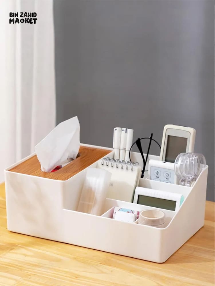 WOODEN TISSUE BOX WITH SHELVES