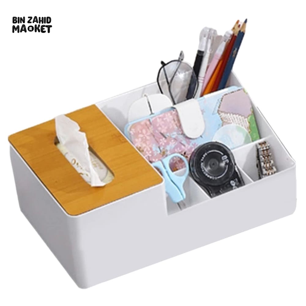 WOODEN TISSUE BOX WITH SHELVES