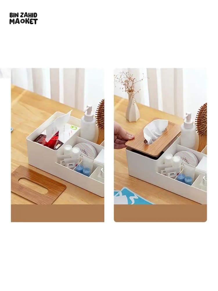 WOODEN TISSUE BOX WITH SHELVES
