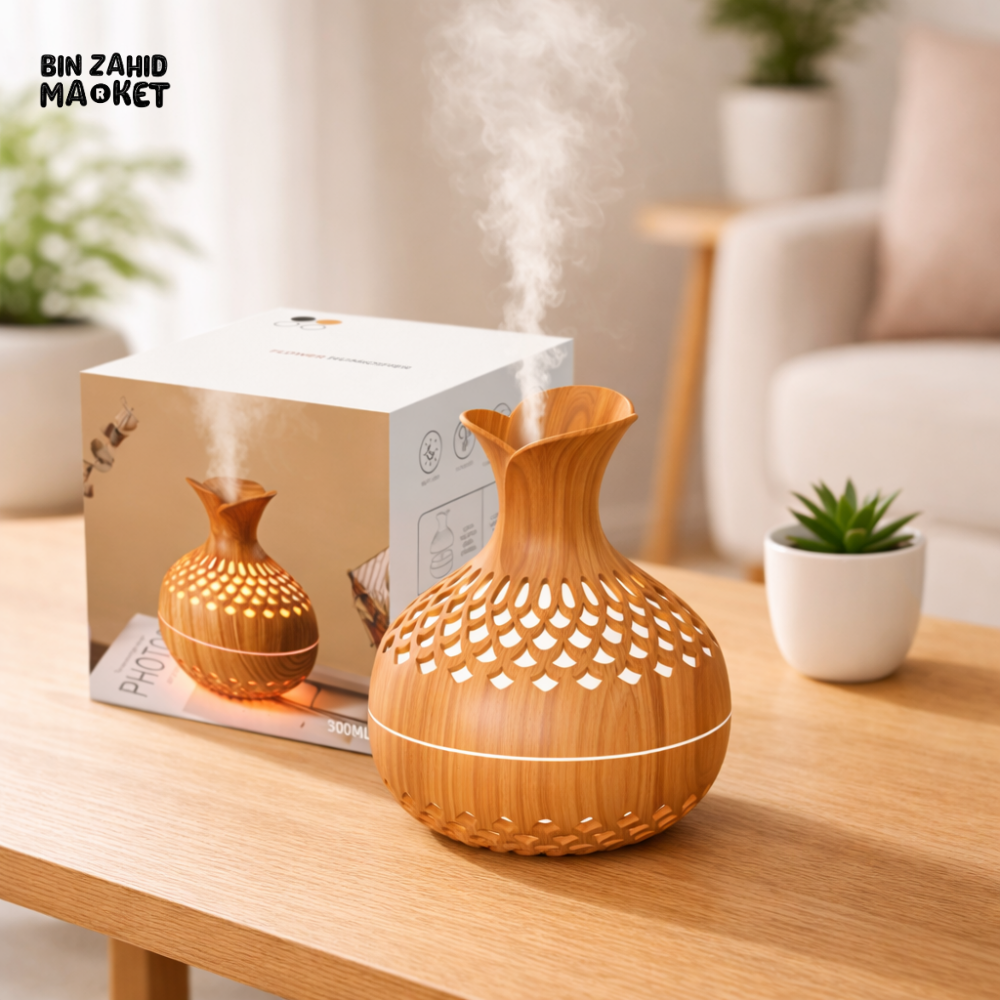 WOODEN VASE AROMATHERAPY DIFFUSER – USB COOL MIST HUMIDIFIER WITH COLORFUL LED LIGHT