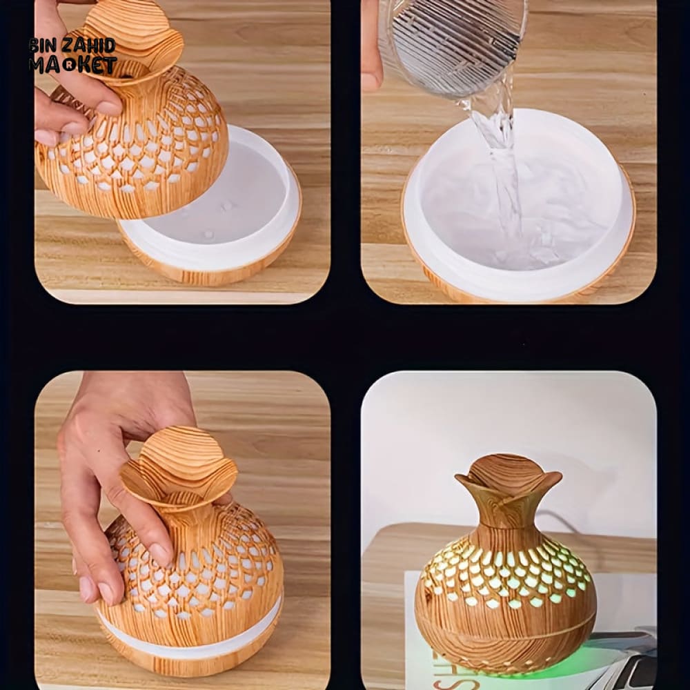 WOODEN VASE AROMATHERAPY DIFFUSER – USB COOL MIST HUMIDIFIER WITH COLORFUL LED LIGHT