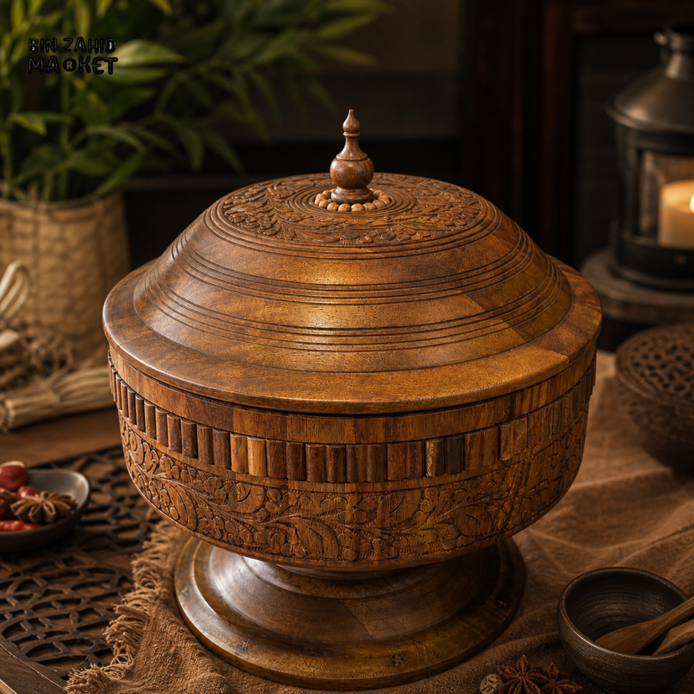 WOODLY SHEESHAM WOOD HOT POT SERVING BOWL WITH STAINLESS STEEL INNER