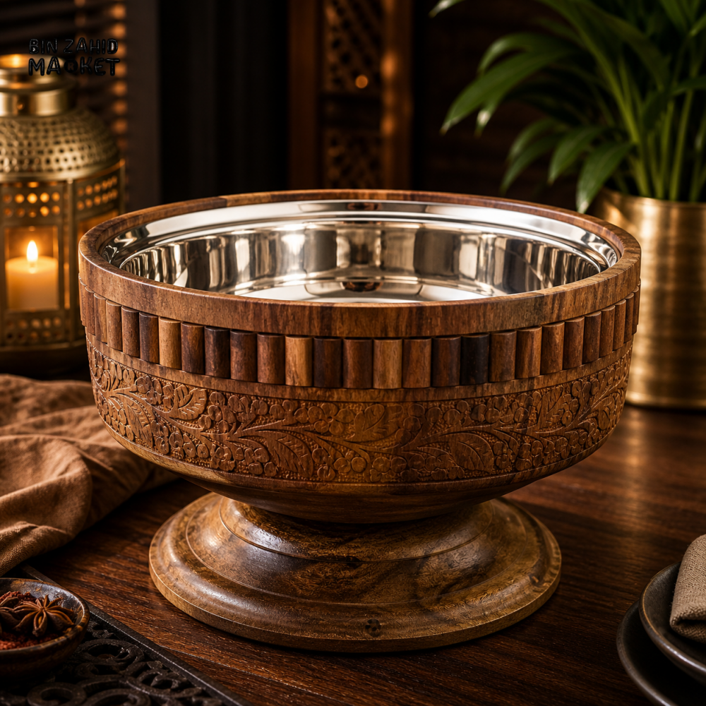 WOODLY SHEESHAM WOOD HOT POT SERVING BOWL WITH STAINLESS STEEL INNER