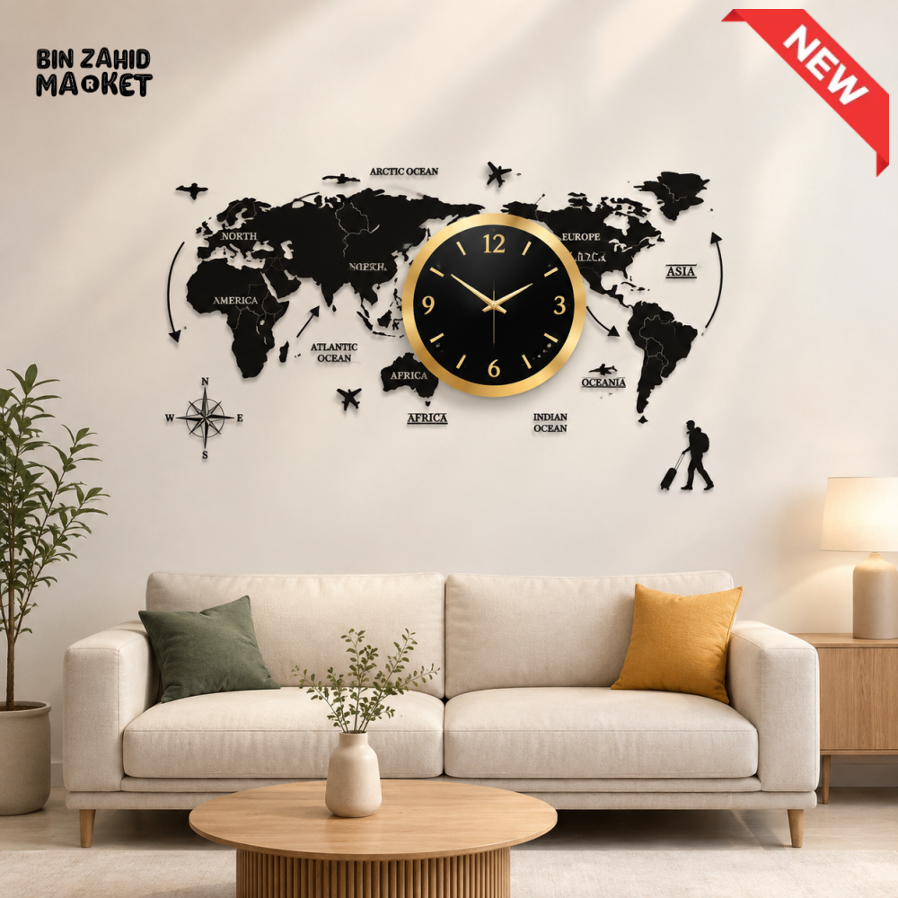 WORLD MAP TRAVEL THEME DECORATIVE WALL CLOCK