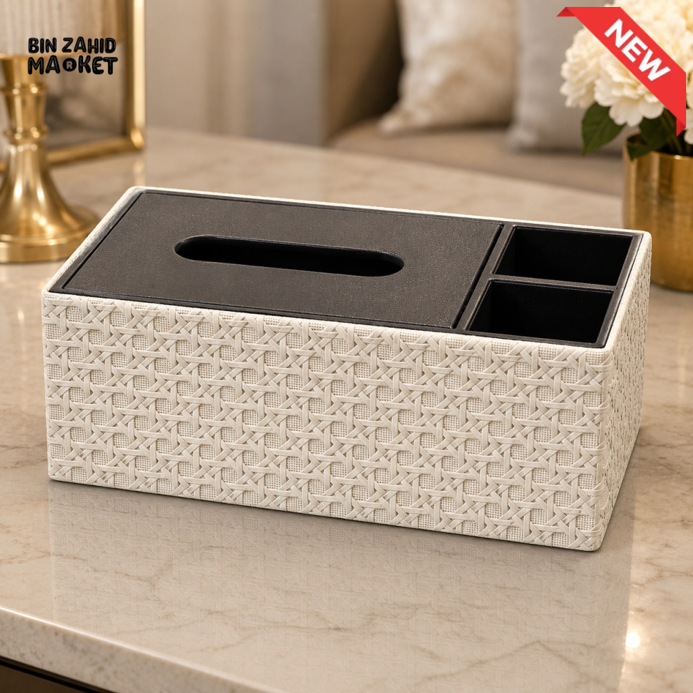 WOVEN TEXTURE TISSUE BOX WITH DUAL STORAGE COMPARTMENTS