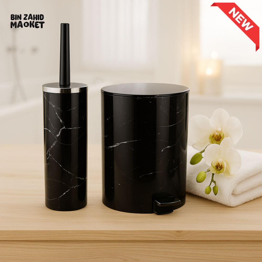 ZIBA BIN & BRUSH SET – LUXURY BLACK MARBLE TRASH CAN TOILET BRUSH HOLDER