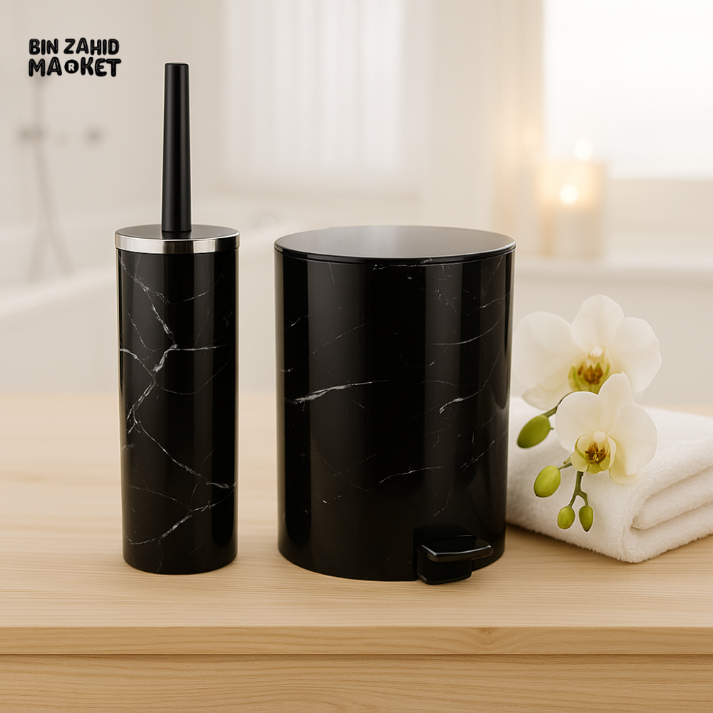 ZIBA BIN & BRUSH SET – LUXURY BLACK MARBLE TRASH CAN TOILET BRUSH HOLDER
