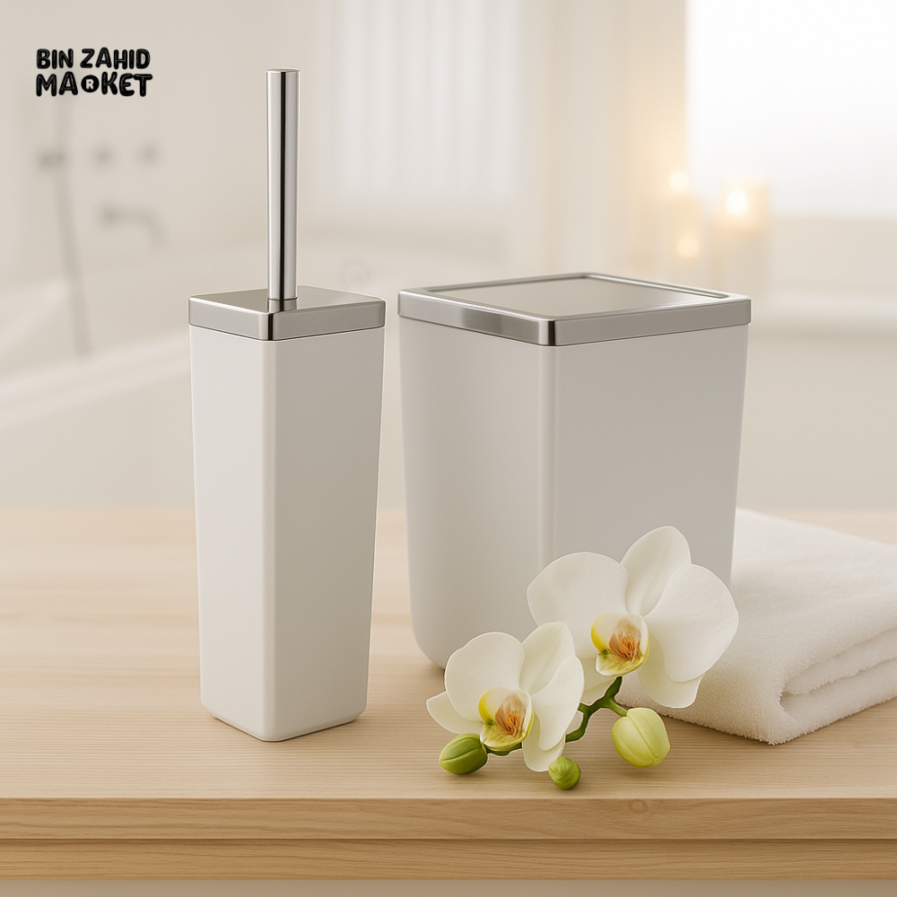 ZIBA BIN & BRUSH SET – LUXURY GREY TRASH CAN & TOILET BRUSH HOLDER