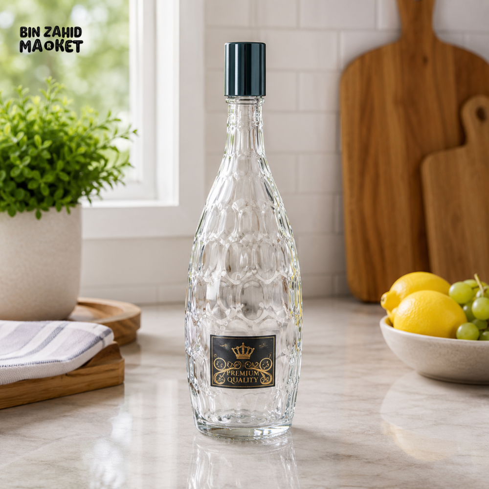ZIBA EMBOSSED GLASS WATER BOTTLE WITH BLACK CAP