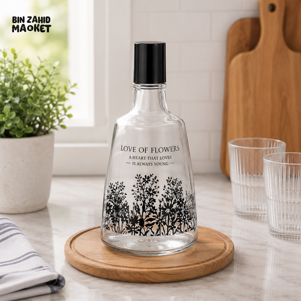 ZIBA FLORAL GLASS WATER BOTTLE WITH BLACK CAP