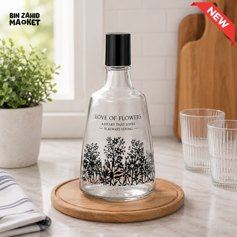 ZIBA FLORAL GLASS WATER BOTTLE WITH BLACK CAP