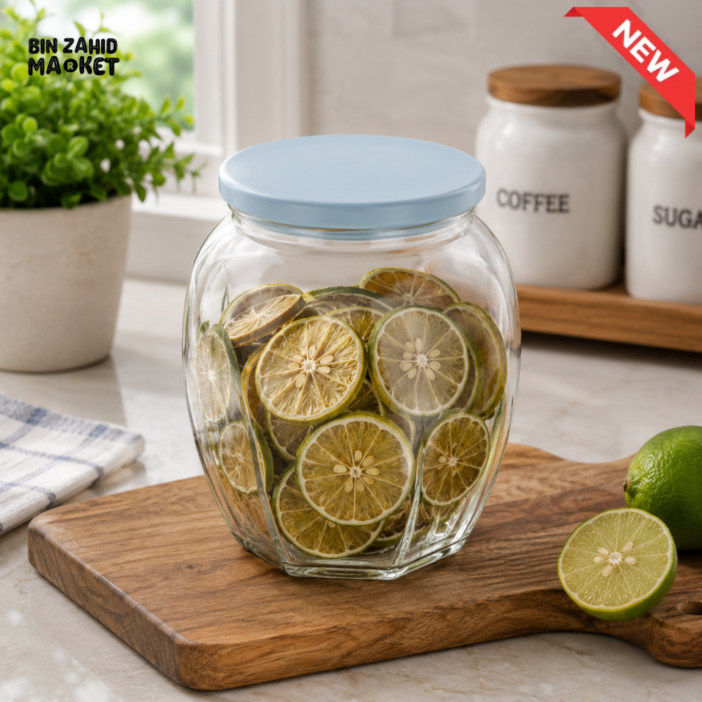 ZIBA GLASS AIRTIGHT STORAGE JAR WITH BLUE PLASTIC LID
