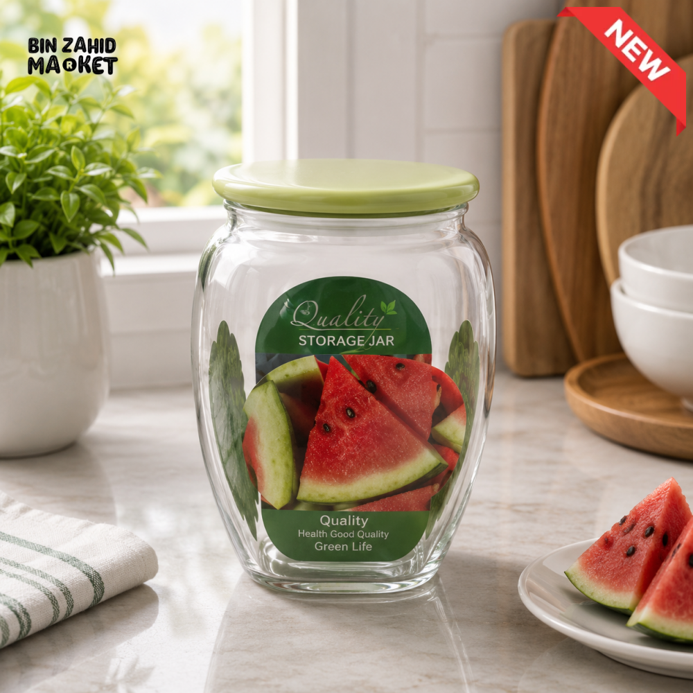 ZIBA GLASS AIRTIGHT STORAGE JAR WITH GREEN PLASTIC LID