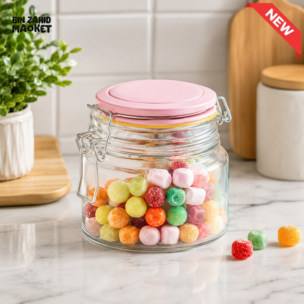 OZIBA GLASS AIRTIGHT STORAGE JAR WITH PINK LID | KITCHEN FOOD STORAGE CONTAINER
