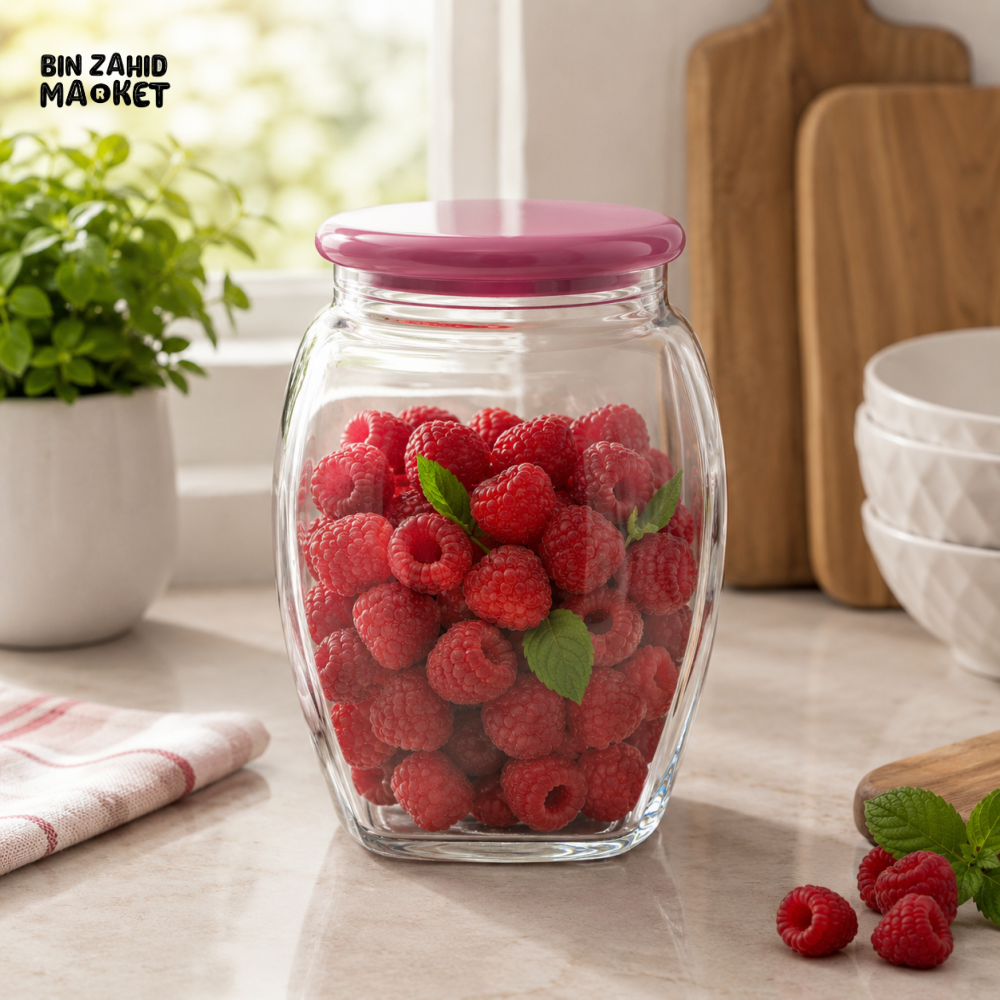 ZIBA GLASS AIRTIGHT STORAGE JAR WITH PINK PLASTIC LID