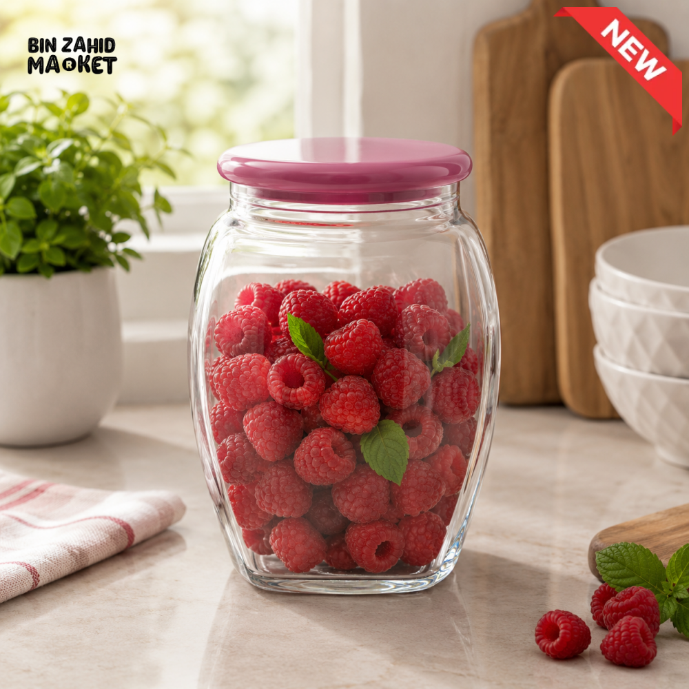 ZIBA GLASS AIRTIGHT STORAGE JAR WITH PINK PLASTIC LID