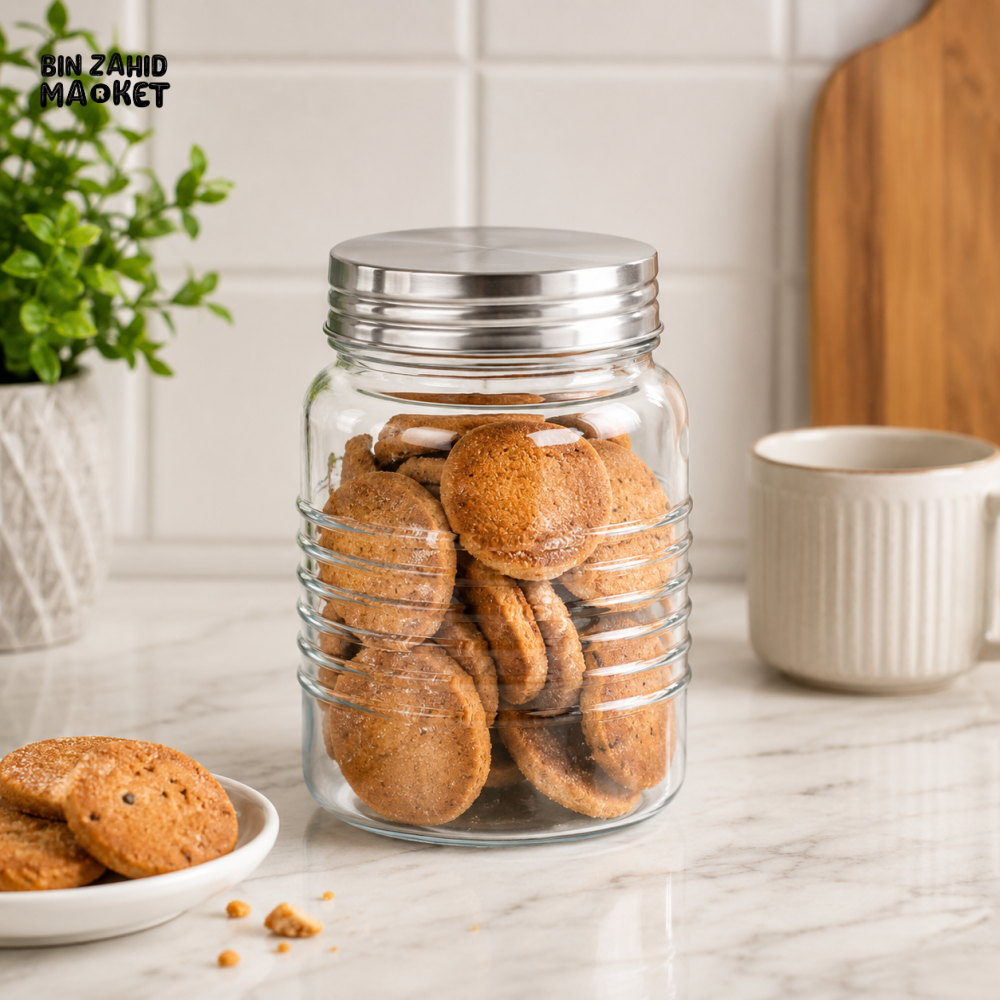 OZIBA GLASS COOKIE STORAGE JAR WITH SILVER LID | AIRTIGHT KITCHEN STORAGE CONTAINER