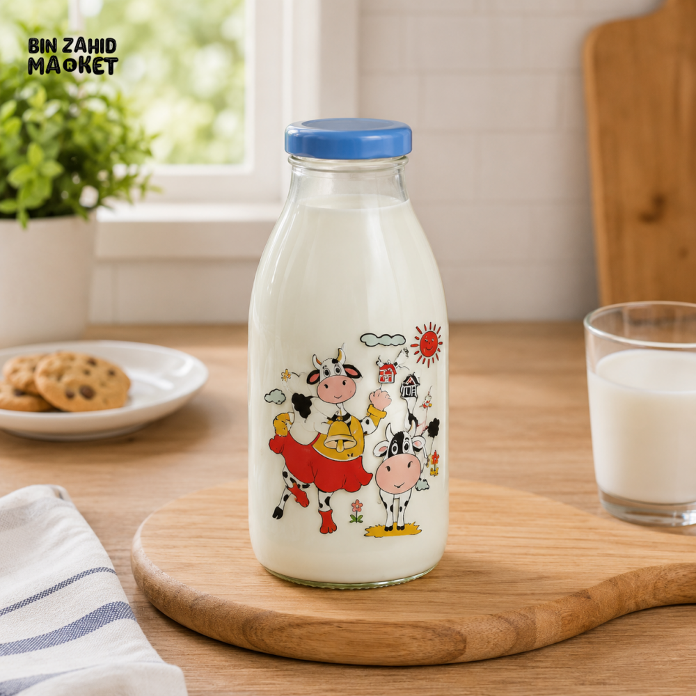 ZIBA GLASS MILK BOTTLE WITH BLUE LID