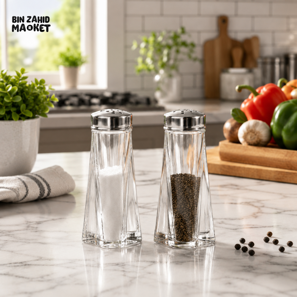 ZIBA GLASS SALT & PEPPER SHAKER SET | STAINLESS STEEL LID SEASONING BOTTLES