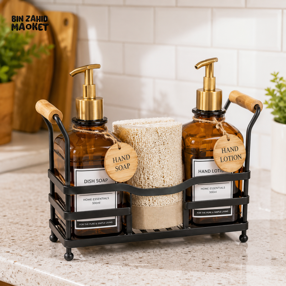 ZIBA KITCHEN SOAP DISPENSER SET WITH METAL CADDY