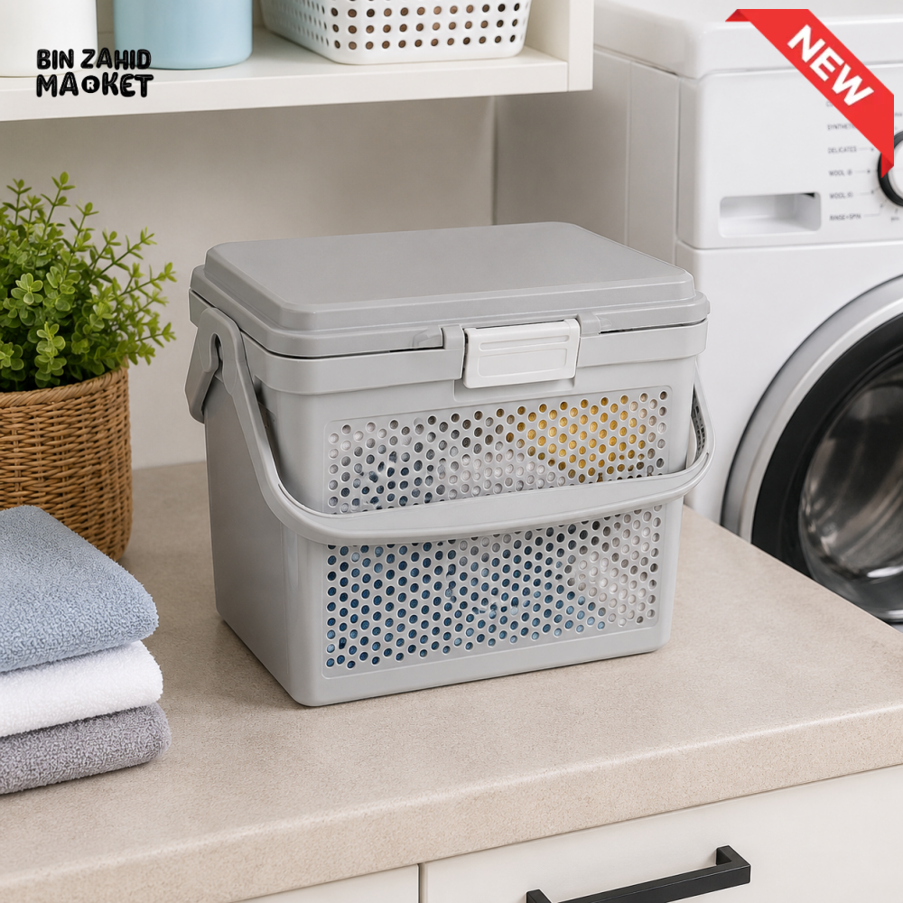 ZIBA MULTIPURPOSE STORAGE BASKET WITH LID & HANDLE - GRAY