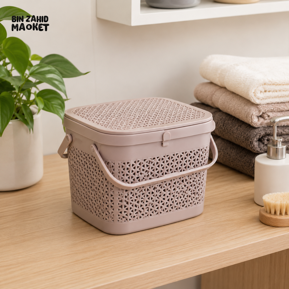 ZIBA MULTIPURPOSE STORAGE BASKET WITH LID HANDLE - LIGHT BROWN