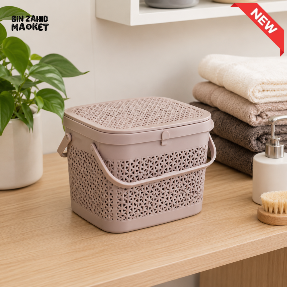ZIBA MULTIPURPOSE STORAGE BASKET WITH LID HANDLE - LIGHT BROWN