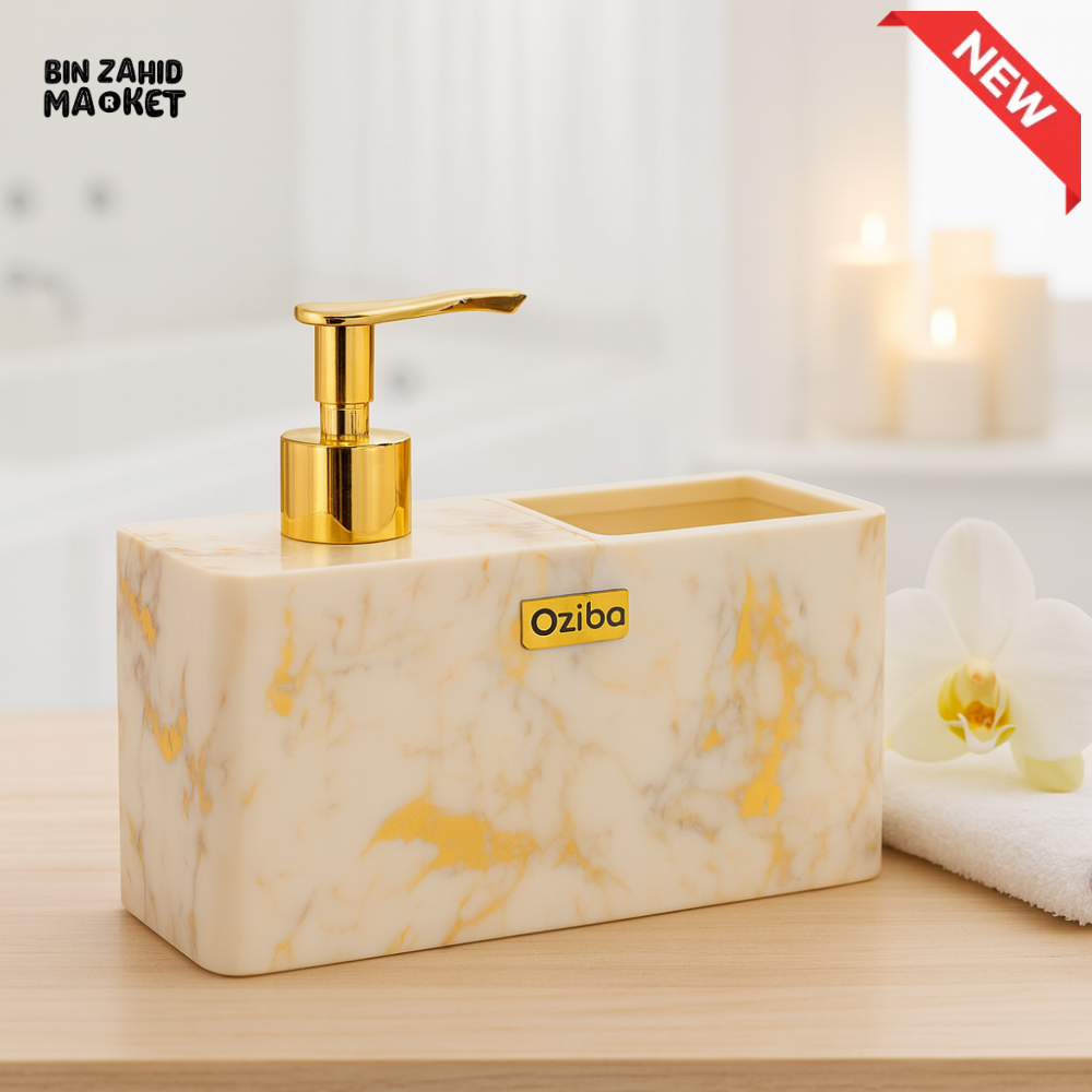 ZIBA PREMIUM MARBLE SOAP DISPENSER – CHROME PUMP & HOLDER SLOT - GOLDEN