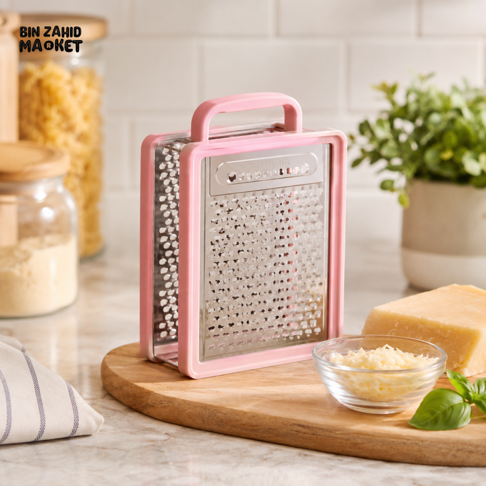 ZIBA STAINLESS STEEL BOX GRATER WITH HANDLE | 4-SIDED MULTIPURPOSE KITCHEN GRATER