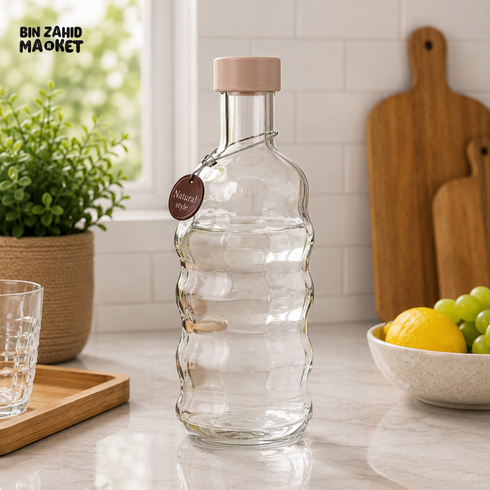 ZIBA WAVY GLASS WATER BOTTLE WITH BEIGE CAP