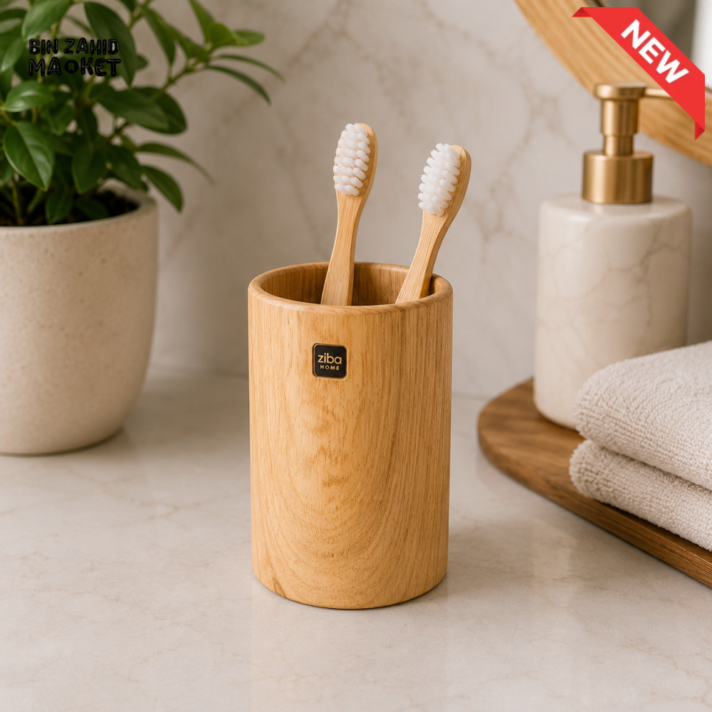 ZIBA WOODEN TOOTHBRUSH HOLDER | CYLINDRICAL BATHROOM ORGANIZER CUP