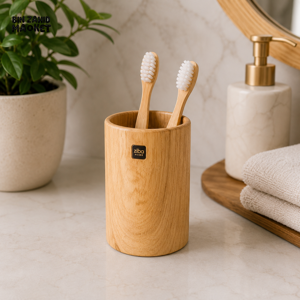 ZIBA WOODEN TOOTHBRUSH HOLDER | CYLINDRICAL BATHROOM ORGANIZER CUP