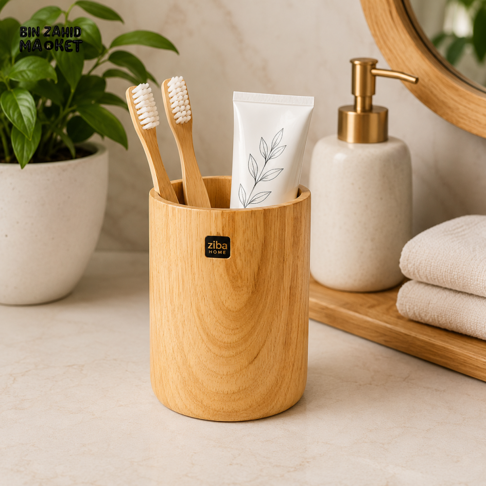 ZIBA WOODEN TOOTHBRUSH HOLDER | MULTIPURPOSE BATHROOM ORGANIZER CUP