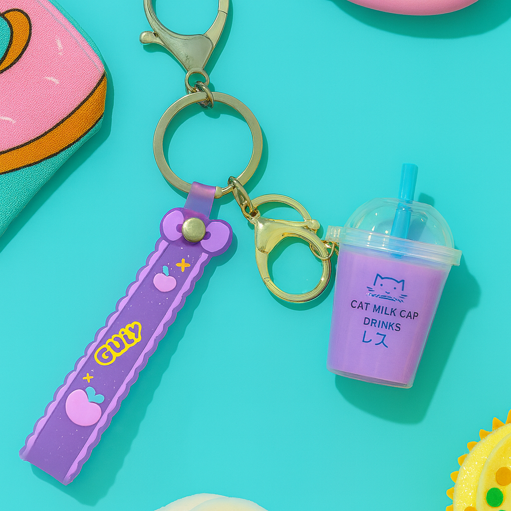 BUBBLE TEA BEAR KEYCHAIN WITH FLOATING OIL – CUTE BACKPACK PENDANT