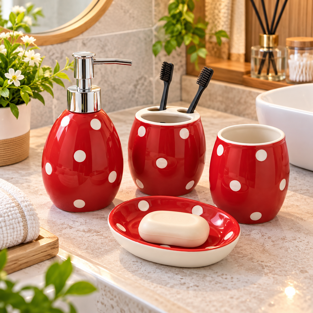 RED & WHITE POLKA DOT CERAMIC BATHROOM ACCESSORY SET